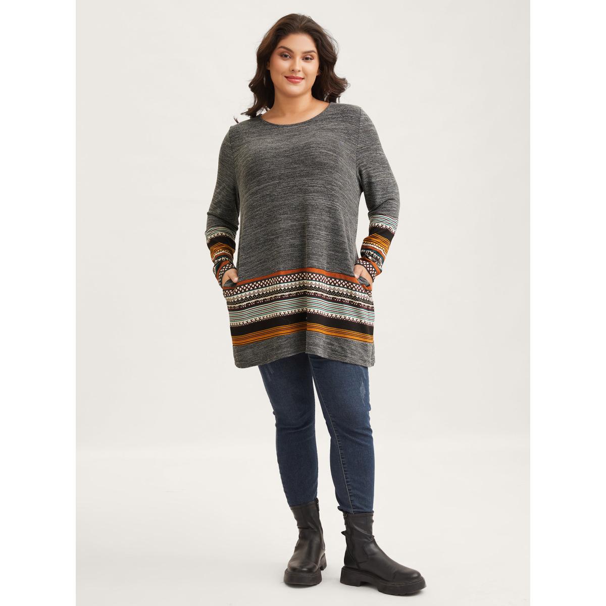 Plus Size Tunic Boho Print Pocket T-shirt DimGray Women Leisure Contrast Round Neck Loose Casual T-shirts BloomChic 30/6X Product Image