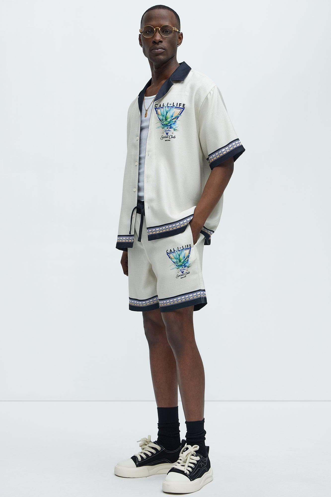 Cali Life Border Print Colorblock Relaxed Shorts - Natural/Combo Product Image