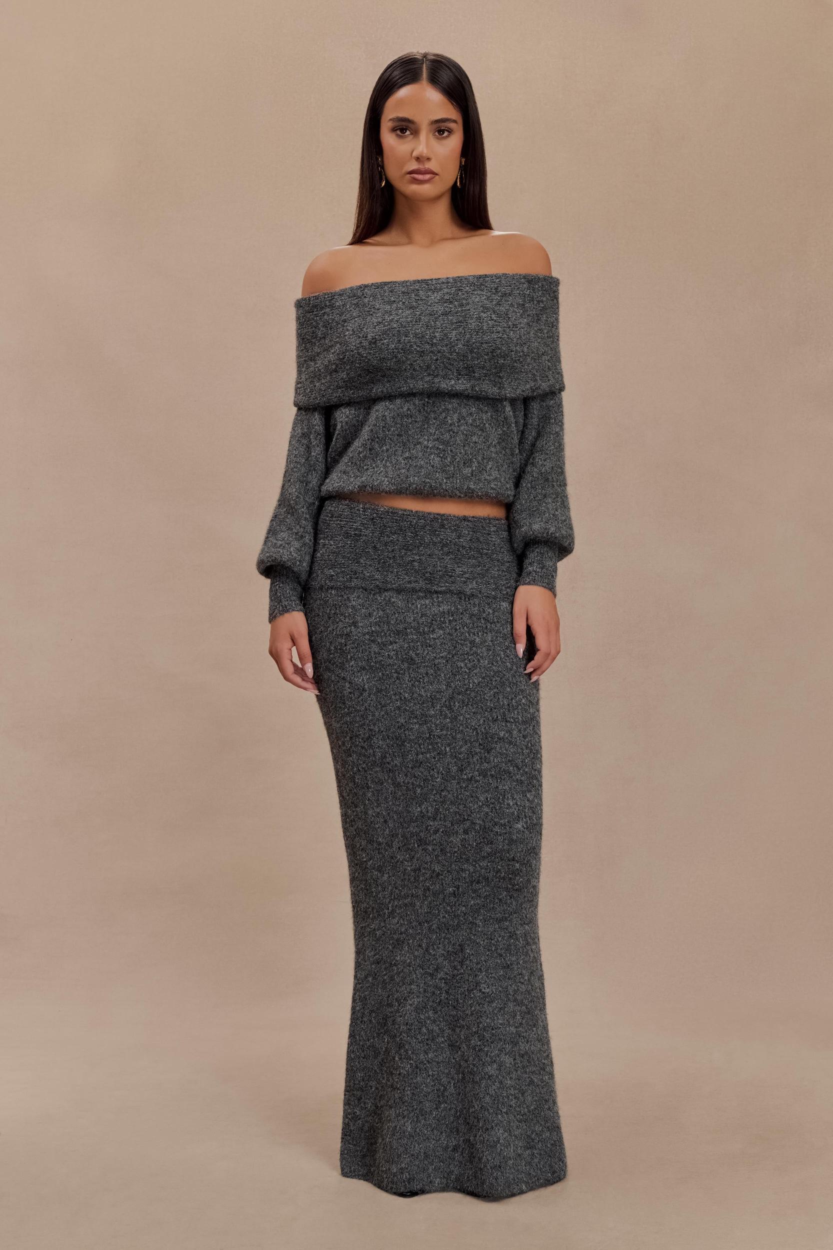 Charlotte Knit Maxi Skirt With Overlay - Charcoal Product Image
