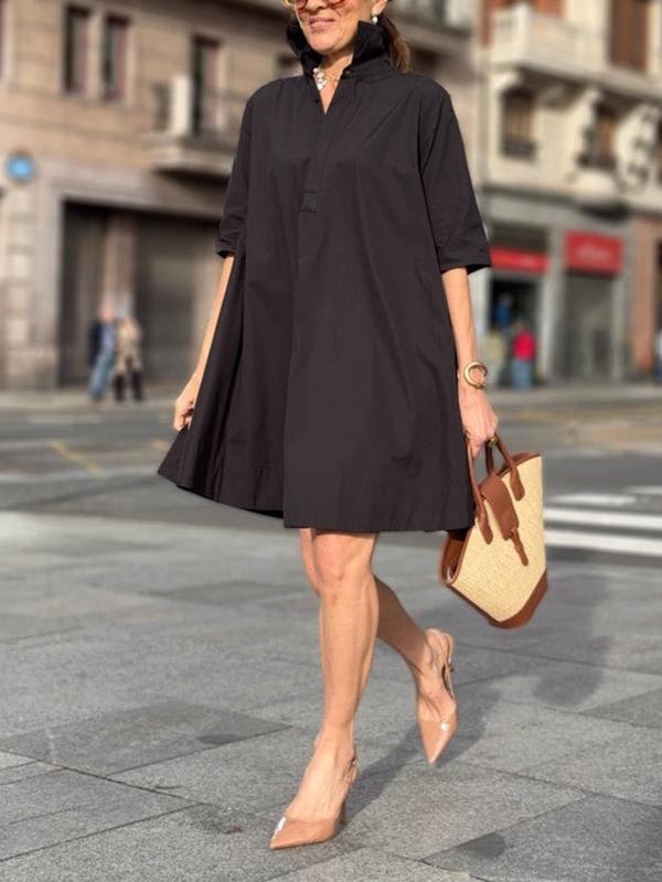 A-Line Short Sleeves Solid Color Split-Joint Lapel Mini Dresses Shirt Dress Product Image