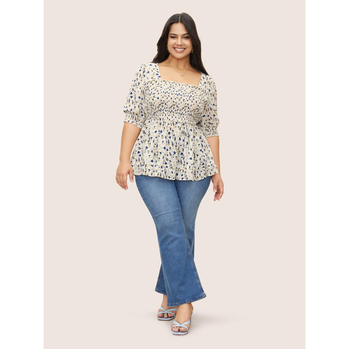 Plus Size Ivory Ditsy Floral Ruffles Shirred Puff Sleeve Blouse Women Elegant Half Sleeve Square Neck Everyday Blouses BloomChic 18-20/2X Product Image