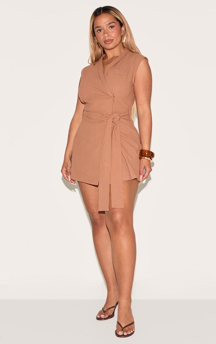  Shape Mocha Linen Look Wrap Front Belted Blazer Product Image