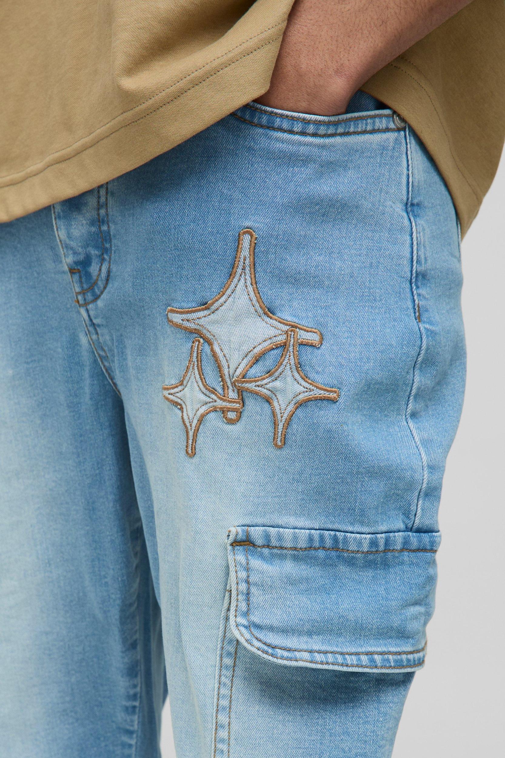 Skinny Star Applique Cargo Jeans | boohooMAN USA Product Image