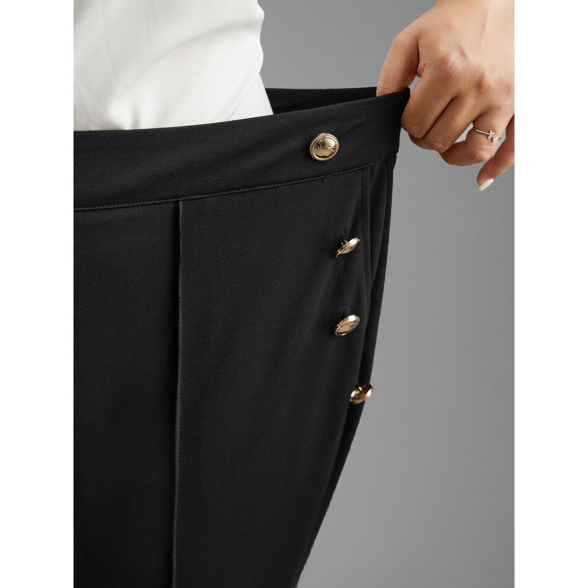 Plus Size Stretchy Woven Button Detail Bootcut Pants Women Black At the Office Bootcut Mid Rise Office Pants BloomChic 18-20/2X Product Image