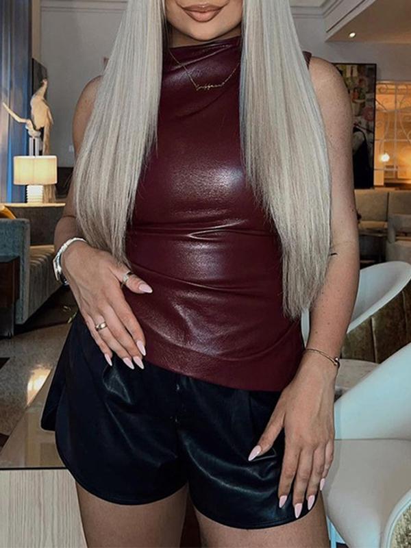 Skinny Sleeveless Asymmetric Pleated Solid Color Mock Neck Vest Top Product Image