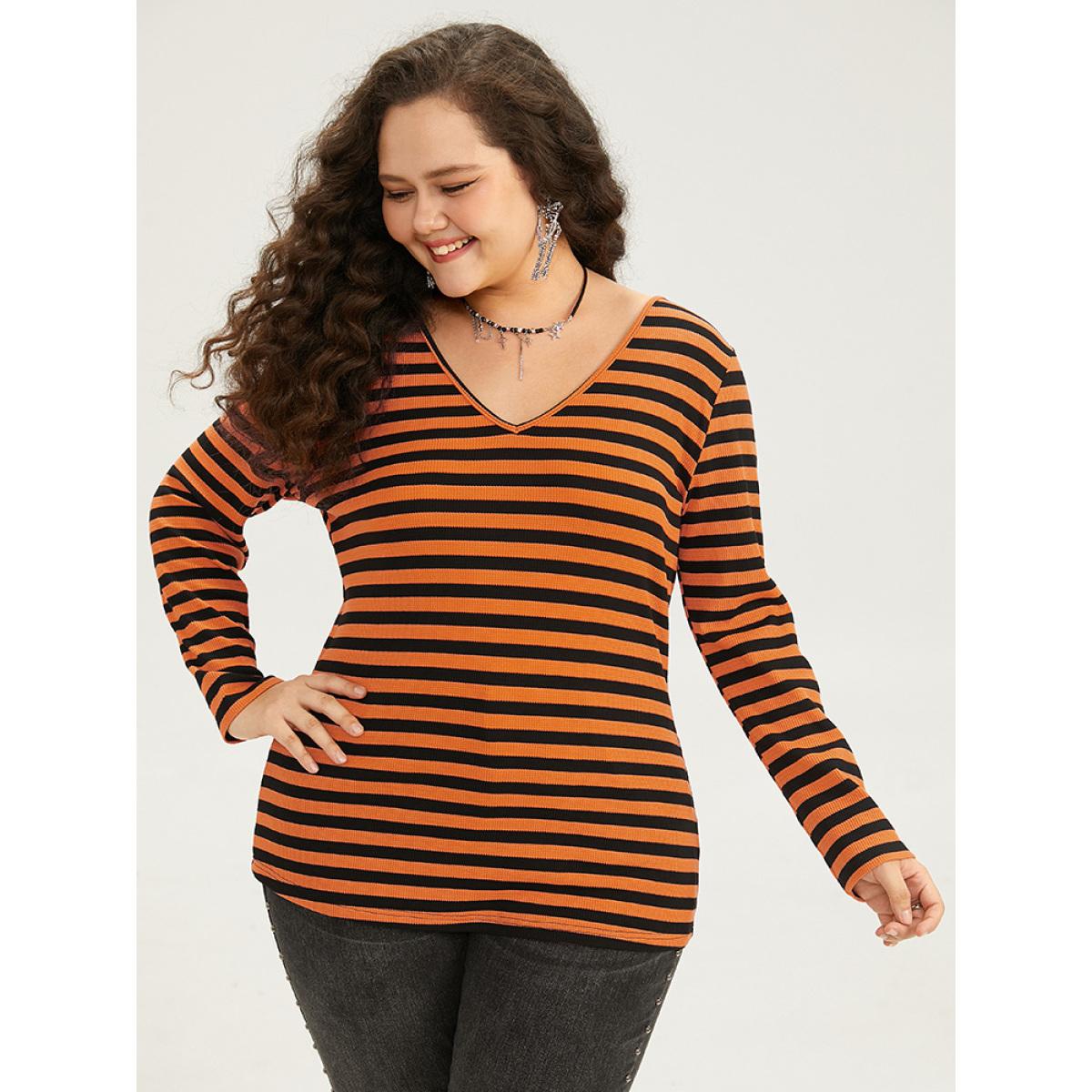 Plus Size Halloween V Neck Contrast Striped T-shirt Chocolate Women Casual Contrast Striped V-neck Festival-Halloween T-shirts BloomChic 18-20/2X Product Image