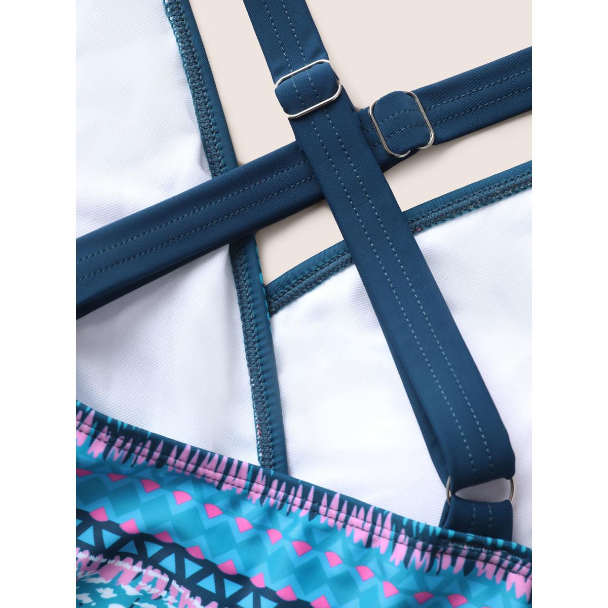 Plus Size Overlap Collar Bandana Patchwork Split Hem Swim Dress Women's Swimwear Indigo Beach Bodycon Overlap Collar High stretch Curve Swim Dresses BloomChic 18-20/2X Product Image