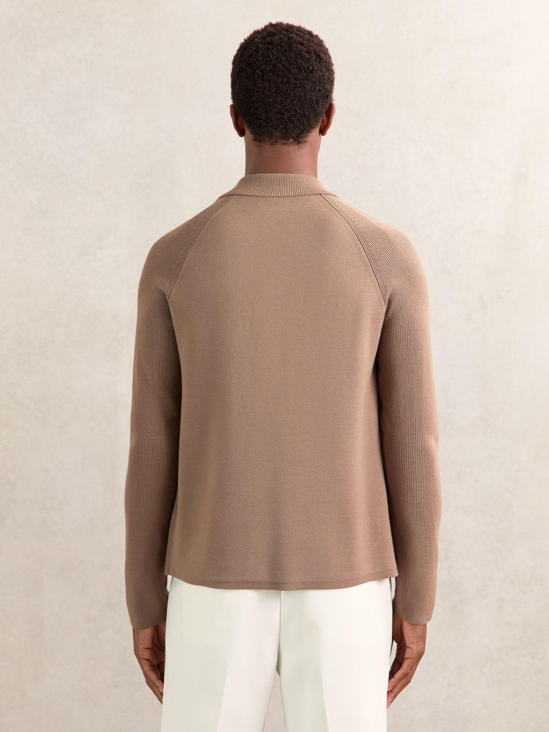 Button-Through Ribbed-Sleeve Shirt in Camel Brown Product Image