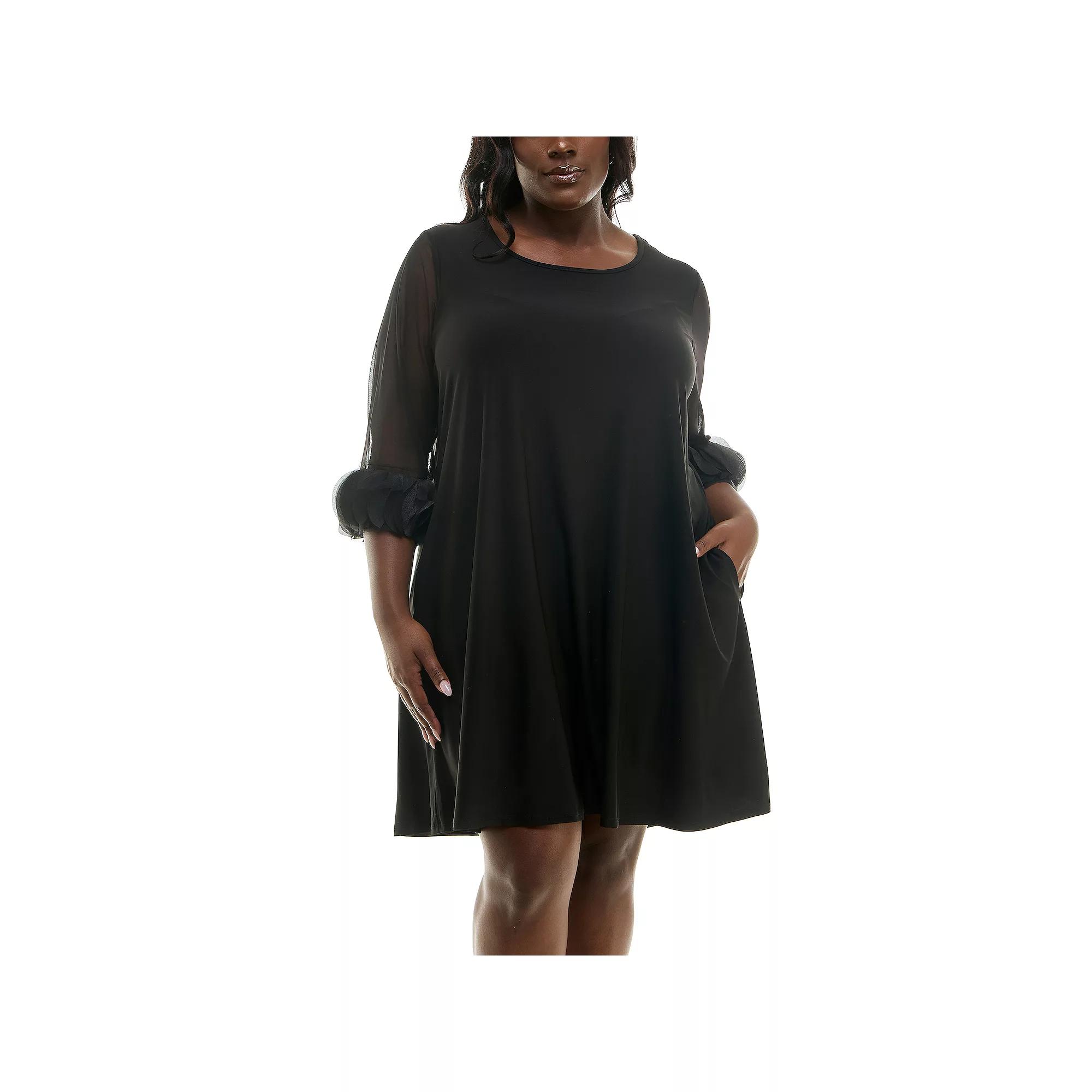 Plus Size Nina Leonard Puffed 3/4-Sleeve Trapeze Dress, Women's, Size: 1XL, Black Product Image