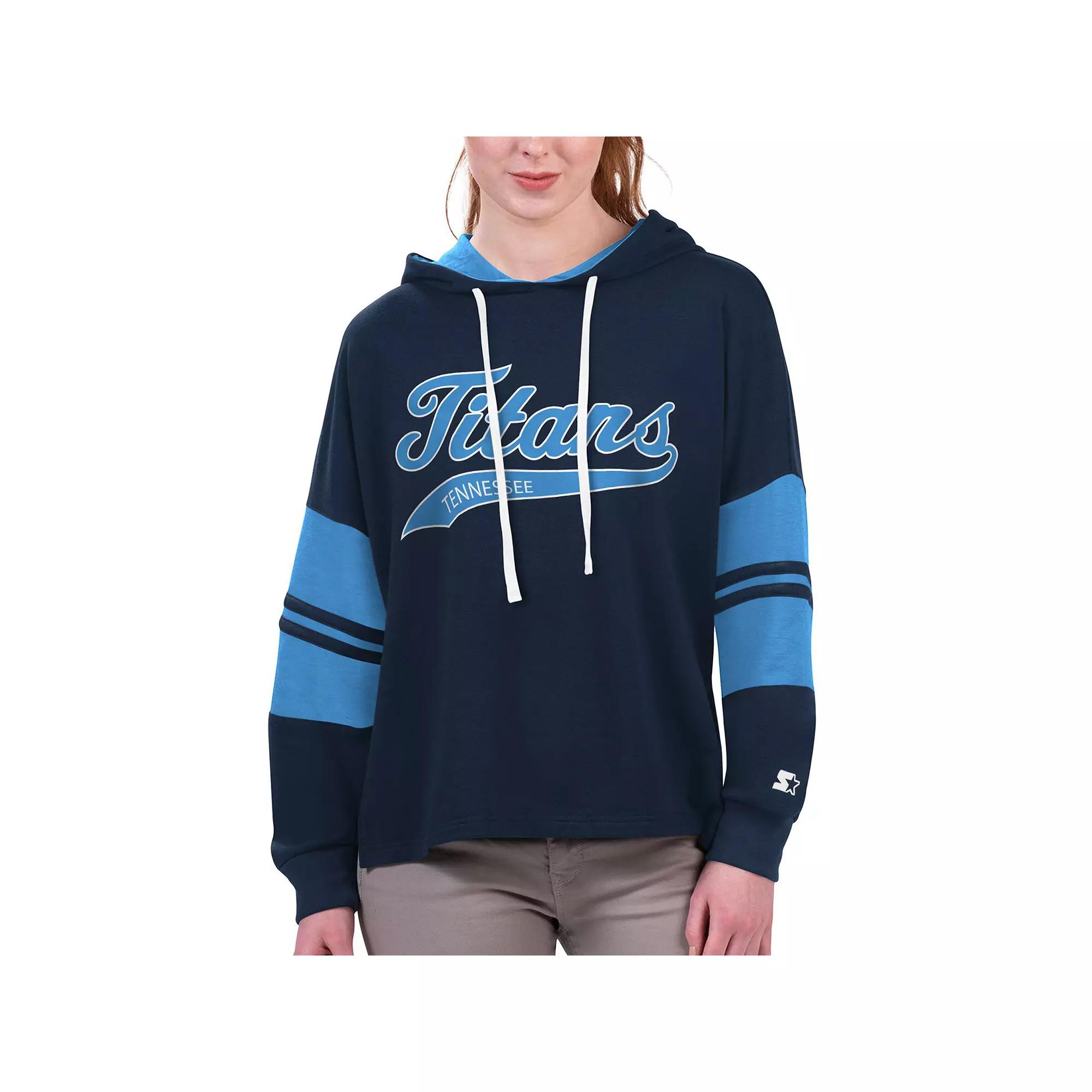 Women's Starter Navy Tennessee Titans Bump And Run Long Sleeve Hoodie T-Shirt,  Product Image