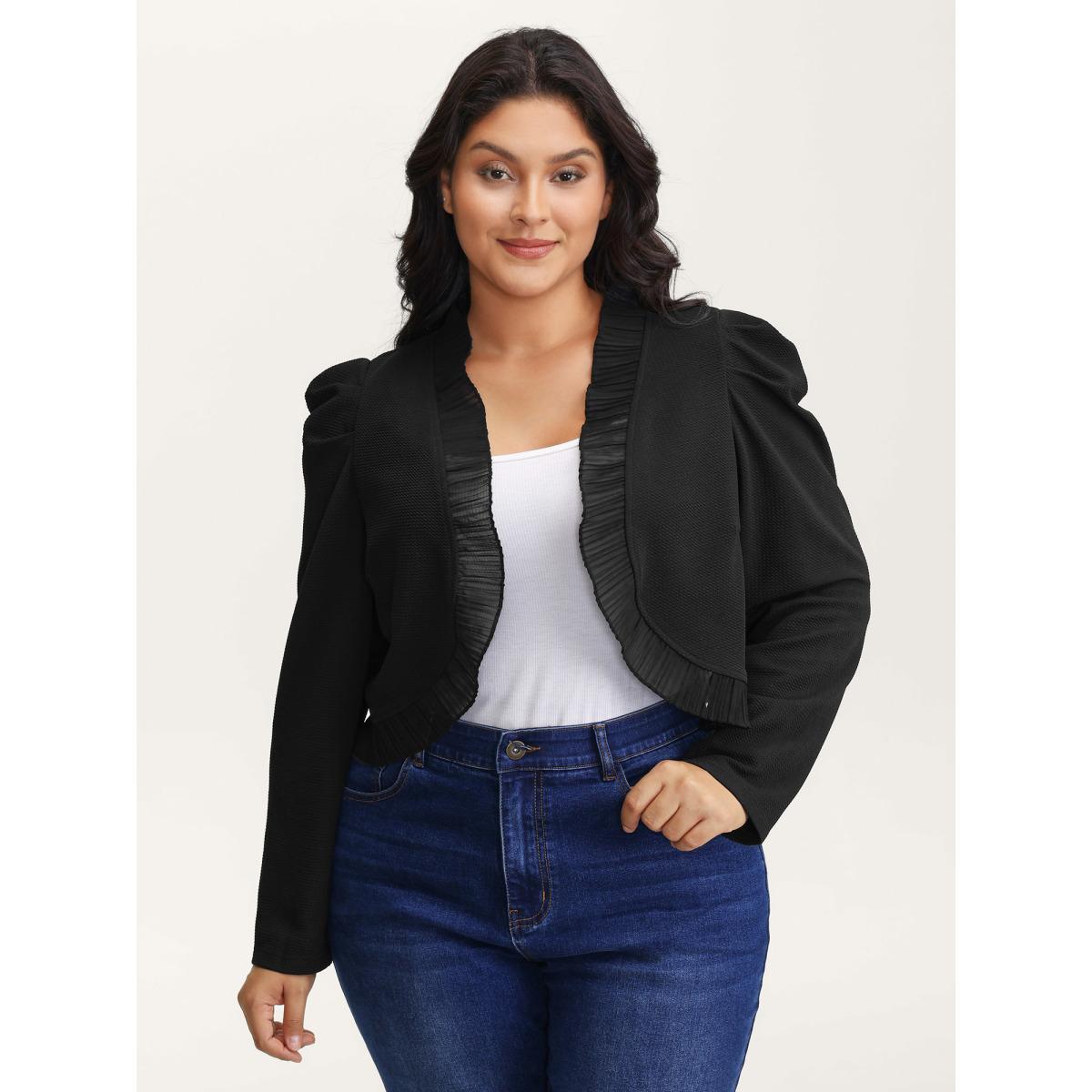 Plus Size Ruffled Curvy Hem Cropped Blazer Black Women Elegant Woven ribbon&lace trim Bishop sleeve Long Sleeve Non 14-16/1X Romantic Blazers BloomChic Product Image