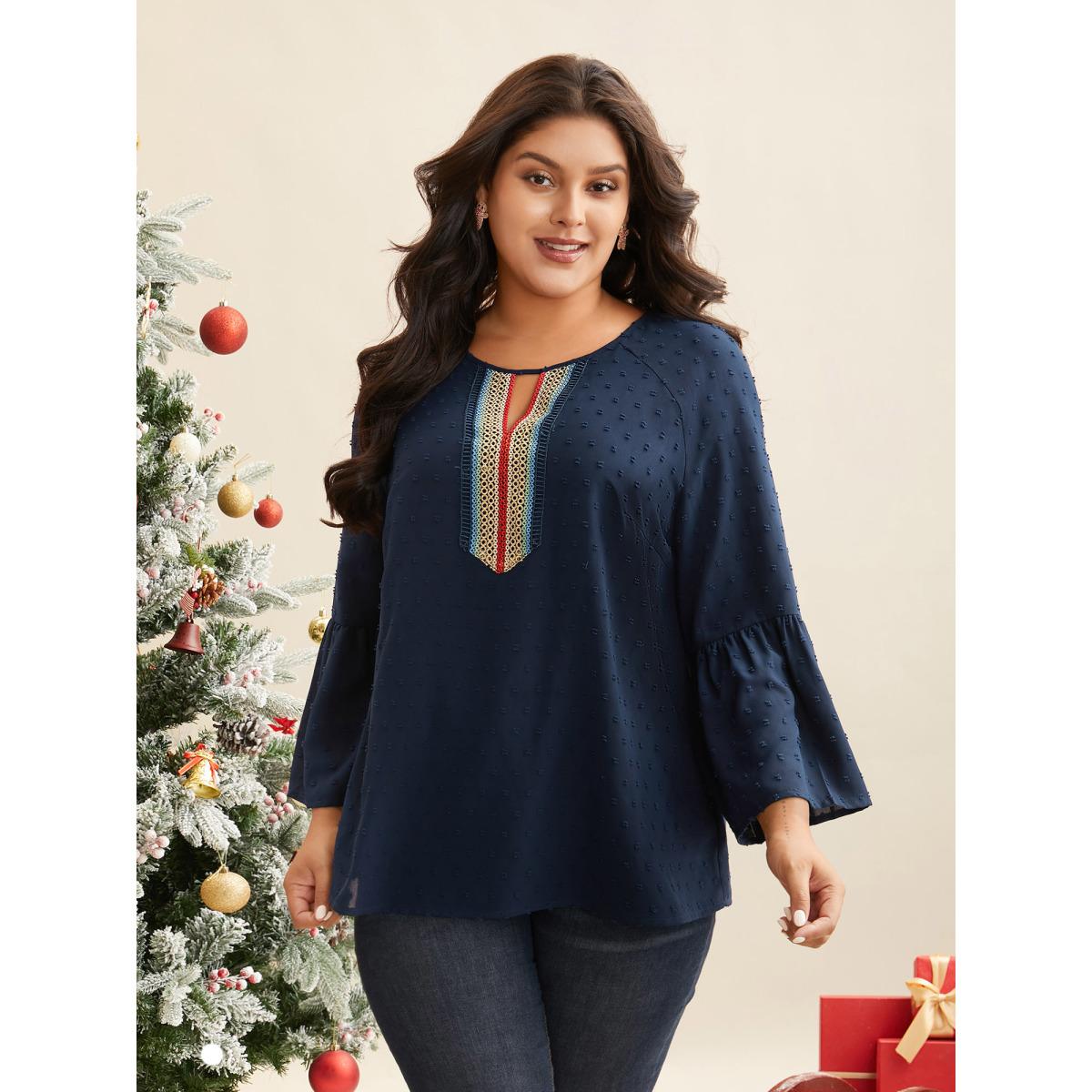 Plus Size Indigo Textured Embroidered Neckline A-Line Blouse Women Casual Three Quarter Length Sleeve V-neck Everyday Blouses BloomChic 28/5X Product Image