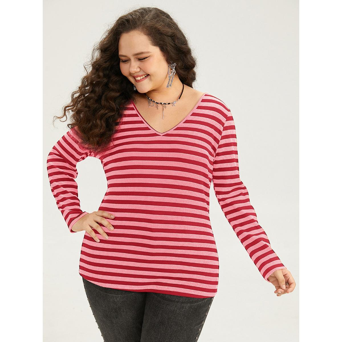 Plus Size Halloween V Neck Contrast Striped T-shirt Red Women Casual Contrast Striped V-neck Festival-Halloween T-shirts BloomChic 18-20/2X Product Image