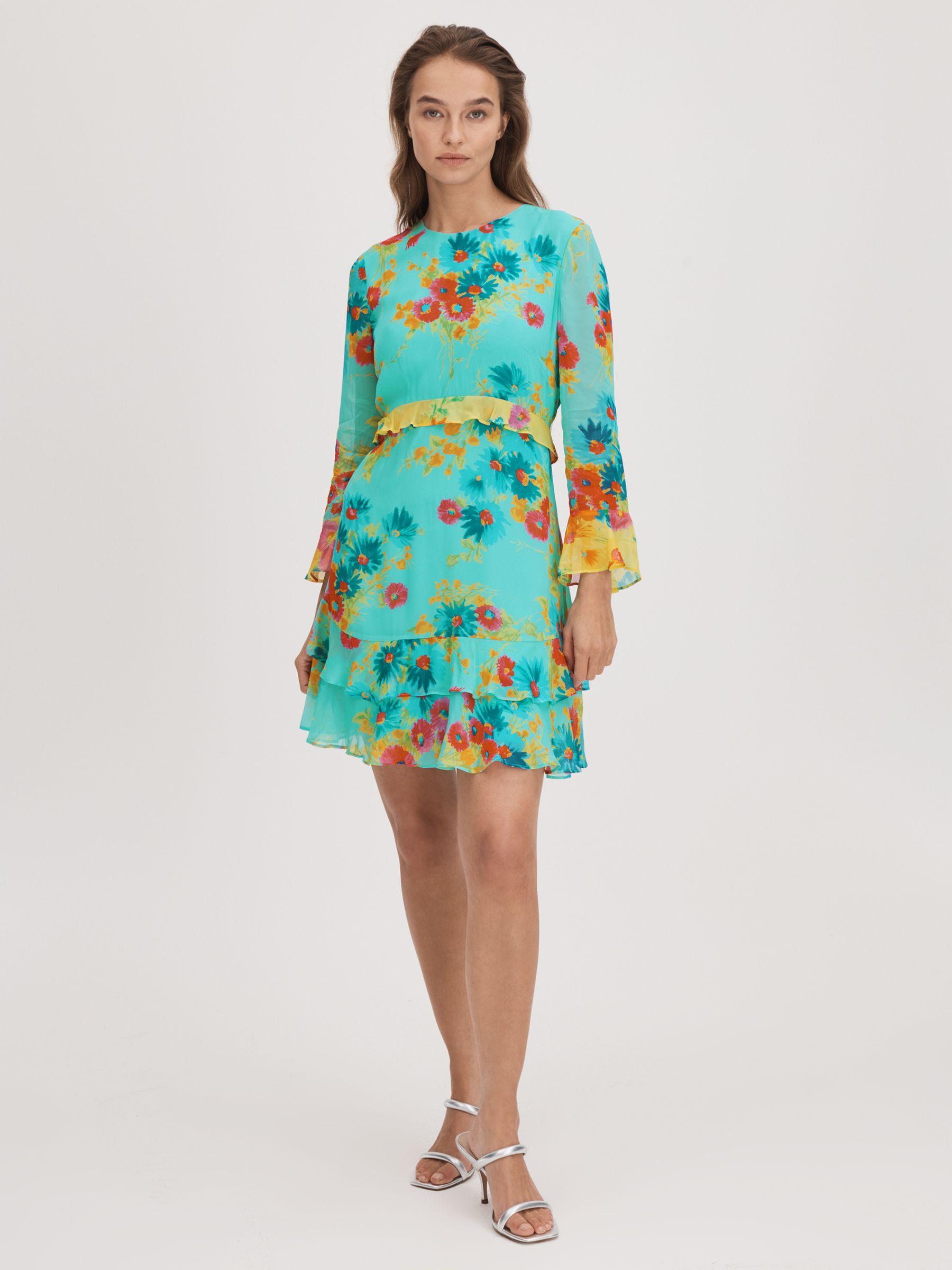Florere Printed Ruffle Mini Dress in Turquoise Product Image