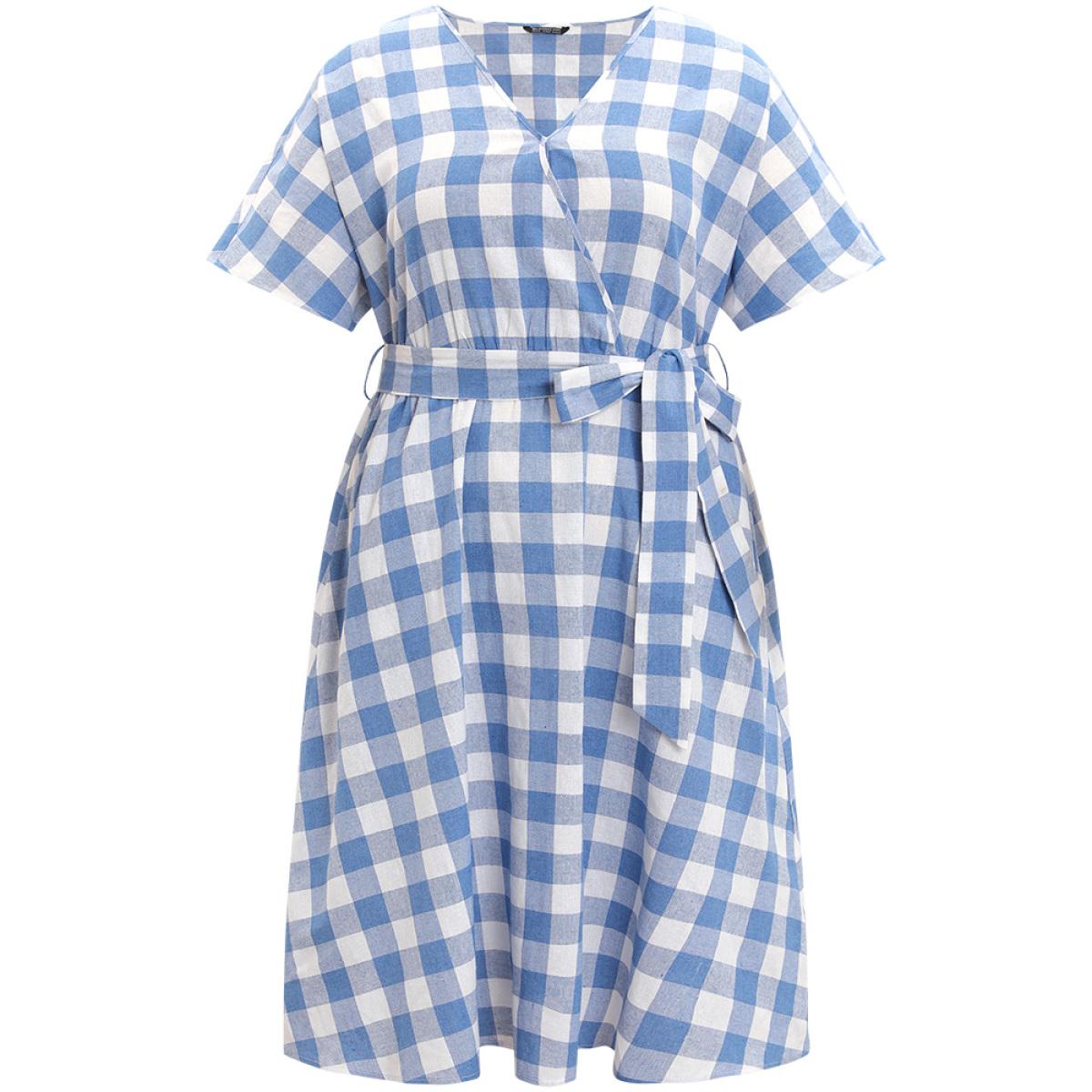 Plus Size Colour Plaid Belted Surplice Neck Ruffles Dress LightBlue Women Vacation Wrap V-neck Short sleeve Curvy Midi Dress BloomChic 12/L Product Image