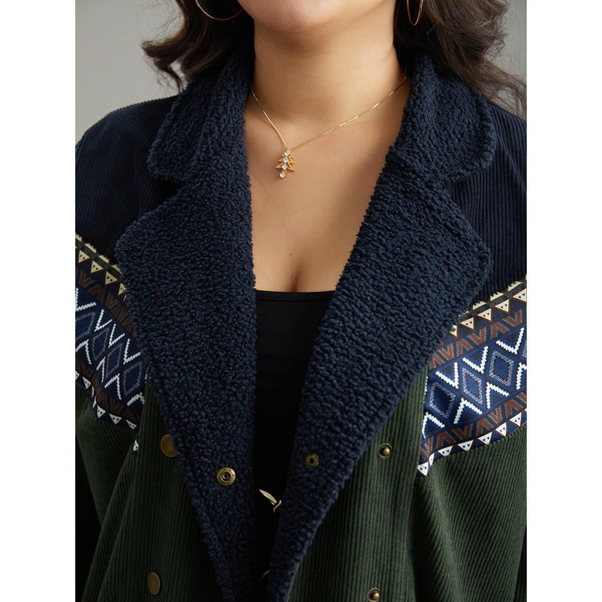 Plus Size Lapel Collar Geometric Patchwork Jacket Women ArmyGreen Elastic cuffs Dailywear Jackets BloomChic 12/L Product Image
