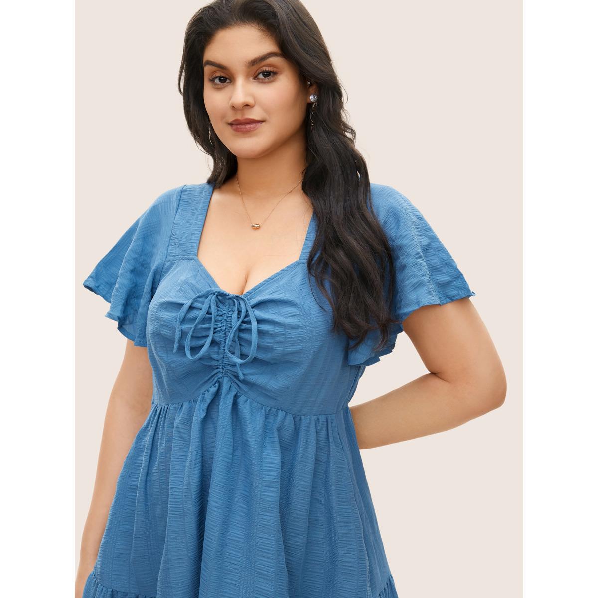 Plus Size Plain Ruched Drawstring Pocket Ruffle Tiered Dress Cerulean Women Timeless Non V-neck Short sleeve Curvy Midi Dress BloomChic 28/5X Product Image