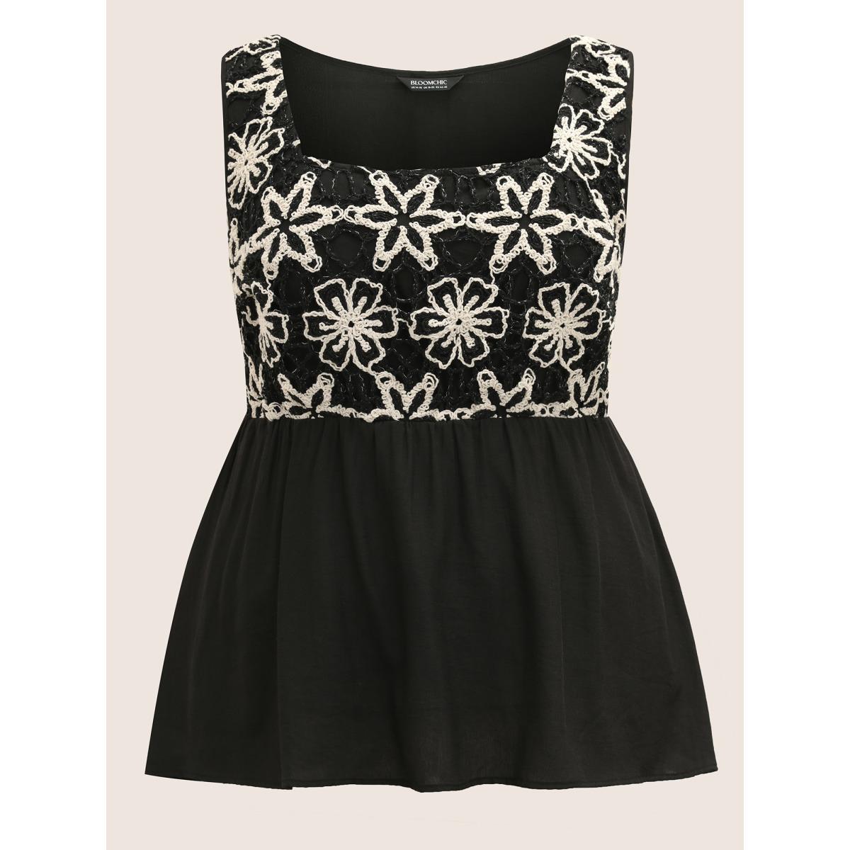 Plus Size Square Neck Crochet Floral Patchwork Tank Top Women Black Resort Contrast Square Neck Vacation Tank Tops Camis BloomChic 10/M Product Image