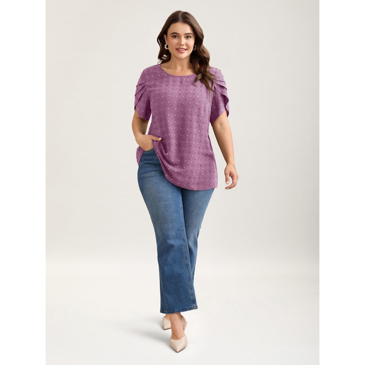 Plus Size Lilac Textured Color Contrast Petal Sleeve Blouse Women Timeless Short sleeve Round Neck Elegant Blouses BloomChic 22-24/3X Product Image