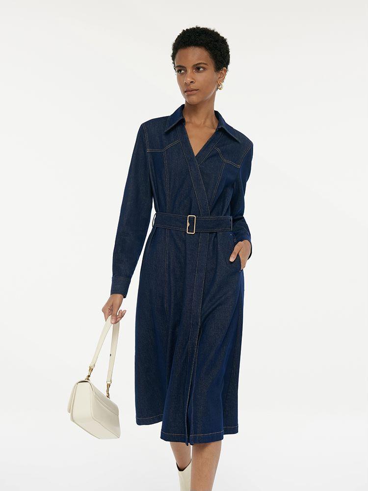 Denim Lapel Women Midi Dress With Belt Product Image