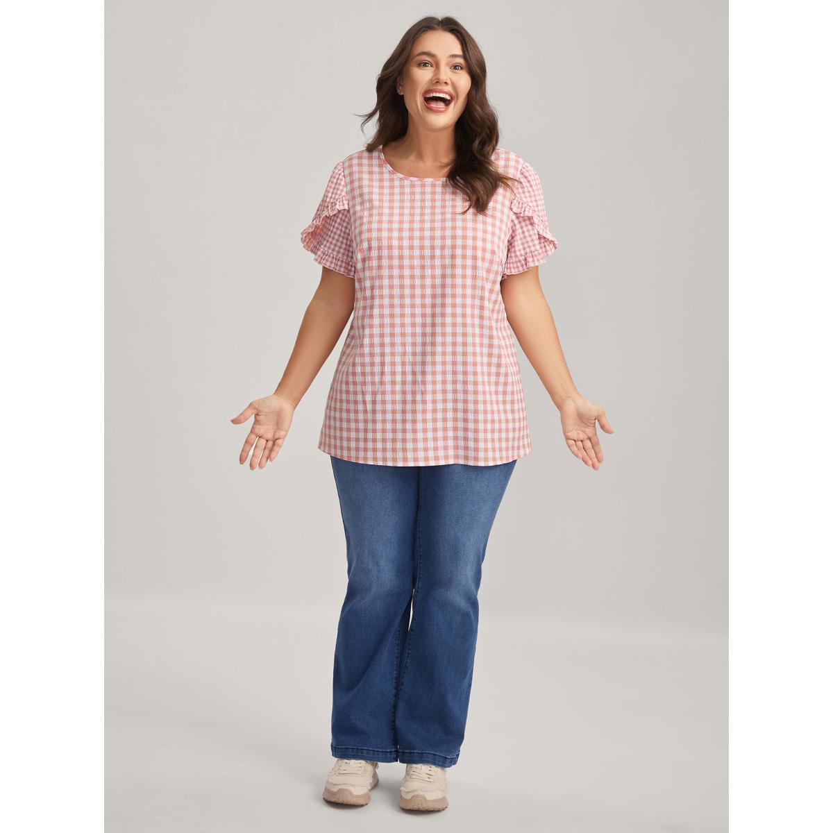 Plus Size Beanpastepowder Sweet Gingham Wrinkled Petal Sleeve Blouse Women Short sleeve Round Neck Everyday-Casual Blouses BloomChic 18-20/2X Product Image