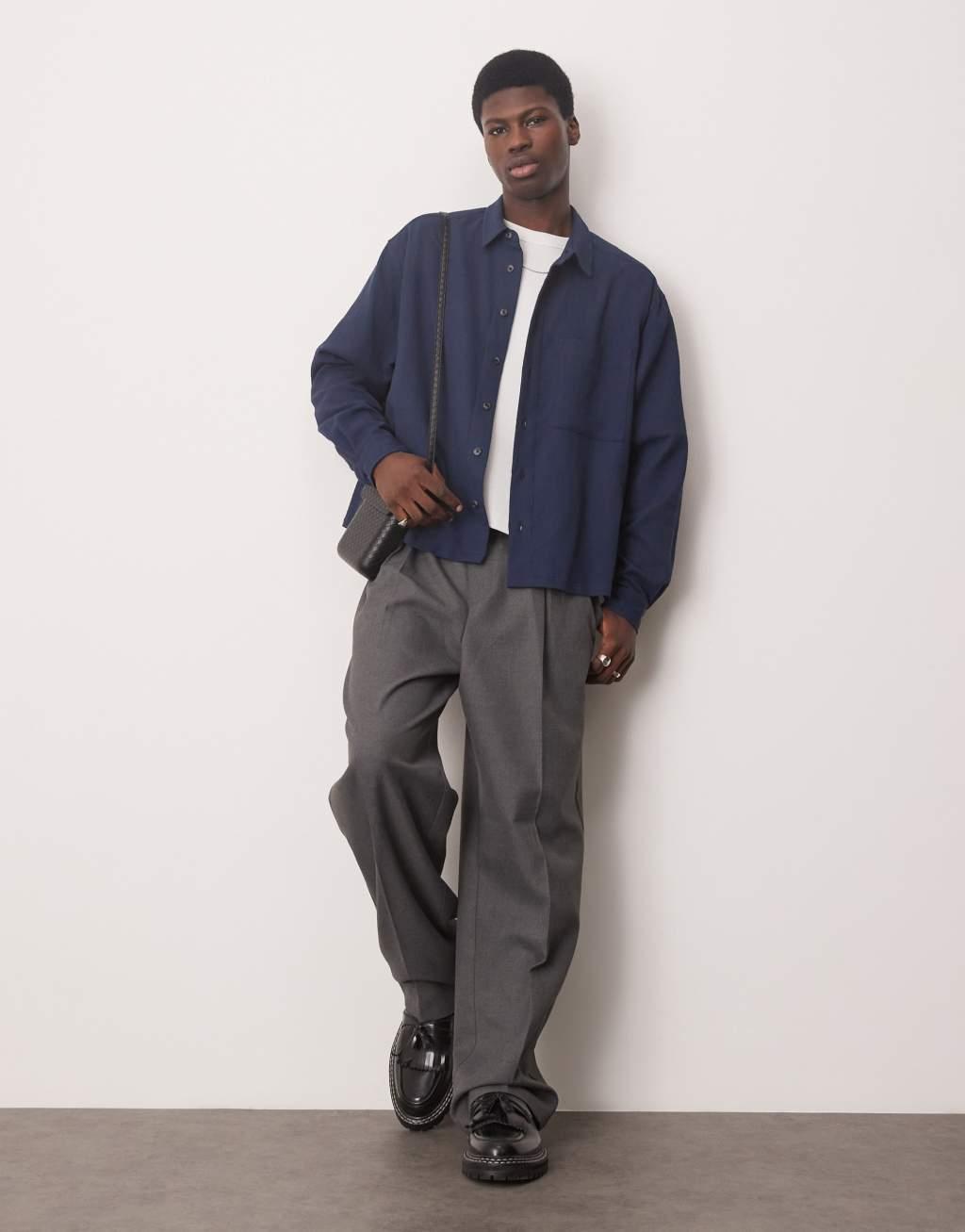 ASOS DESIGN oversized boxy shirt with crinkle texture in navy Product Image