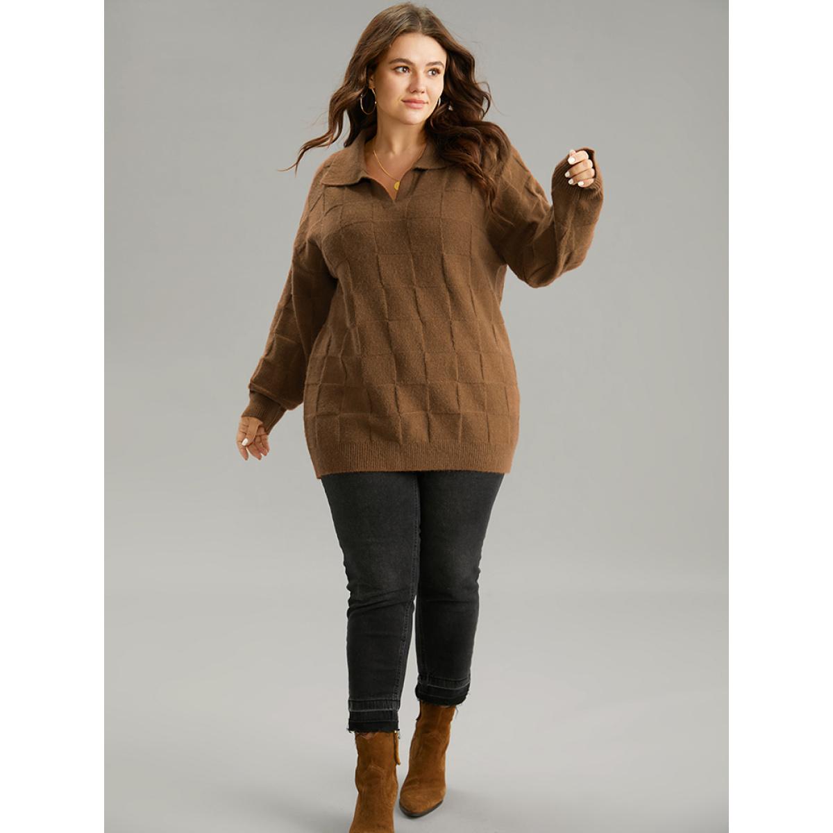 Plus Size Anti-Pilling Plisse Lapel Collar Pullover DarkBrown Women Casual Loose Long Sleeve Lapel Collar Dailywear Pullovers BloomChic 22-24/3X Product Image