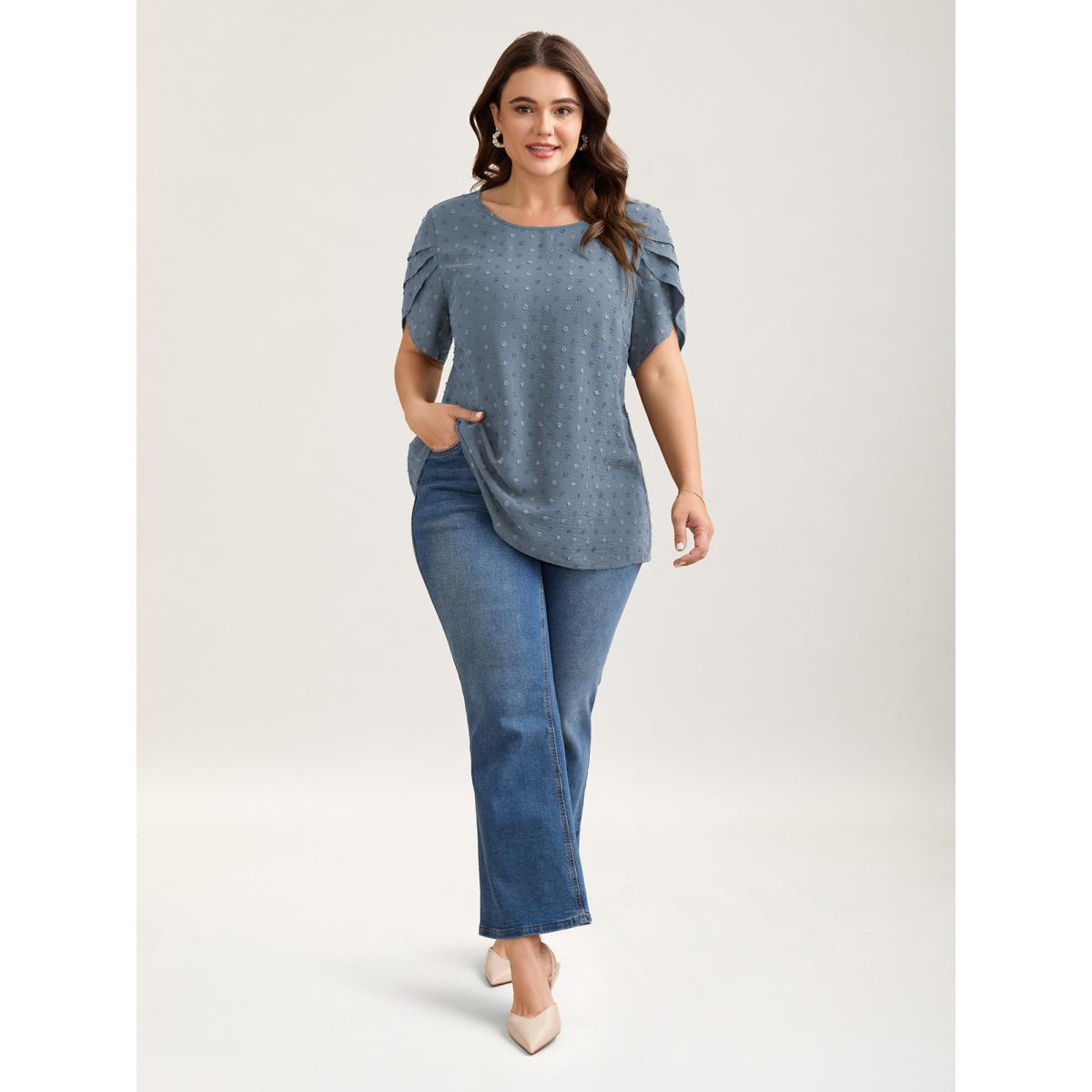 Plus Size Stone Textured Color Contrast Petal Sleeve Blouse Women Timeless Short sleeve Round Neck Elegant Blouses BloomChic 28/5X Product Image