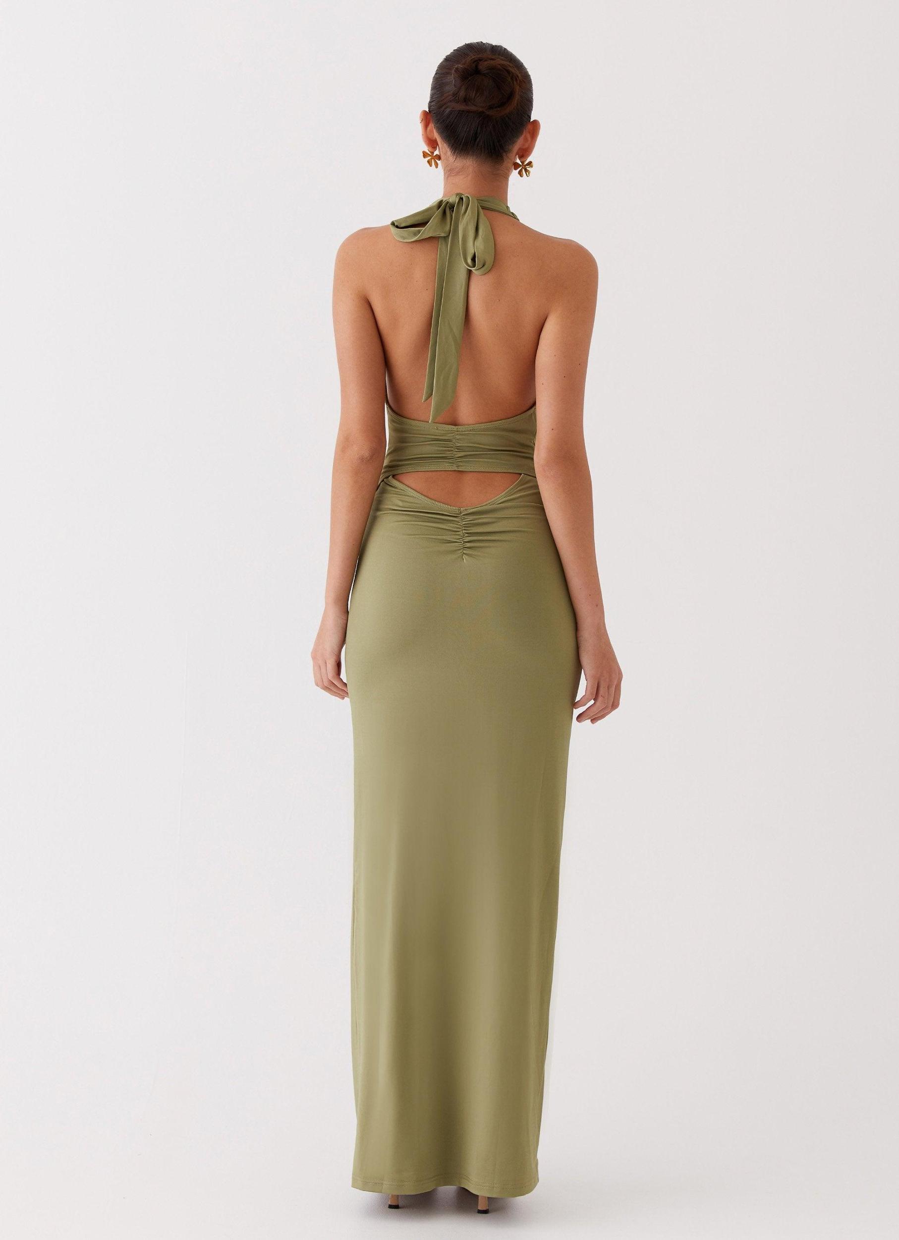 Whisked Away Halterneck Maxi Dress - Olive Product Image