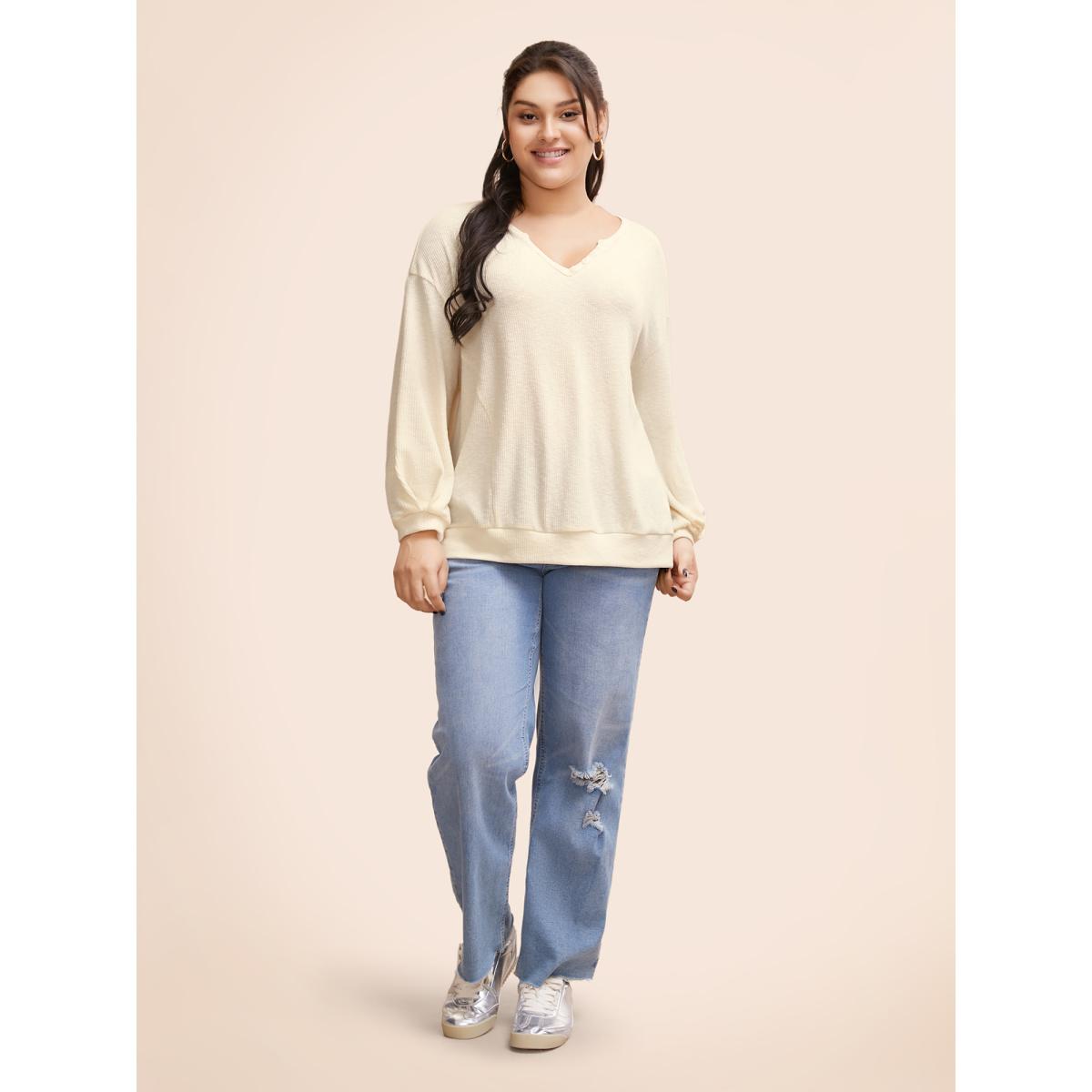Plus Size Notched Button Detail Split Hem Sweatshirt Women Beige Casual Texture Flat collar with V-notch Everyday Sweatshirts BloomChic 14-16/1X Product Image