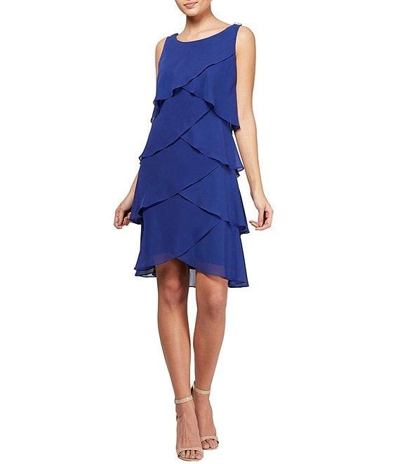 Ignite Evenings Chiffon Tulip Tiered Hem Sleeveless Round Neck Sheath Dress Product Image