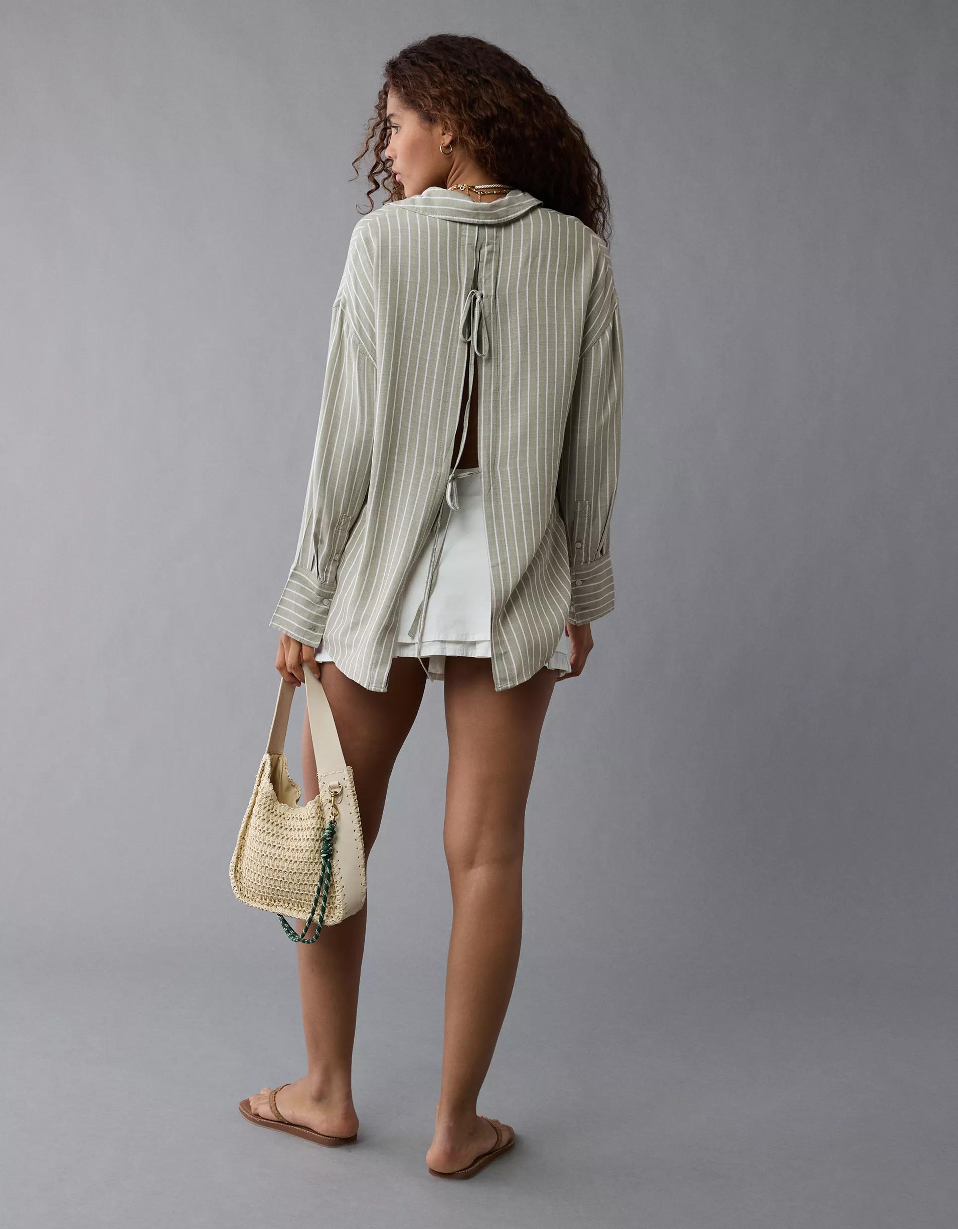 AE Long-Sleeve Tie Back Button-Up Shirt Product Image