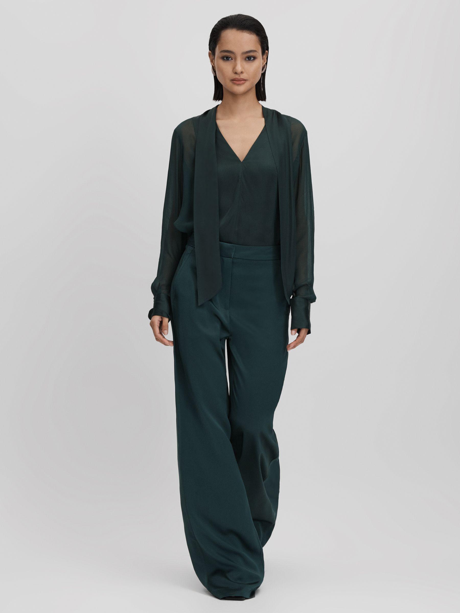 Semi Sheer Satin Tie Neck Blouse in Green Product Image