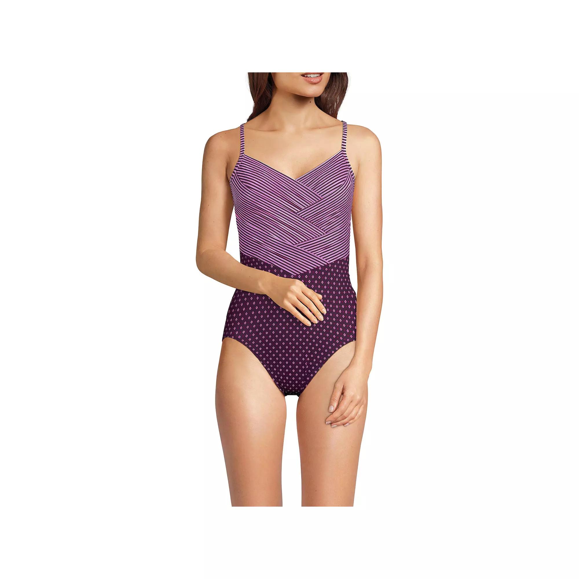 Women's Lands' End Slendertex V-Neck Pleated Crossback One-Piece Swimsuit, Size: 6, Dark Red Geo Stripe Product Image