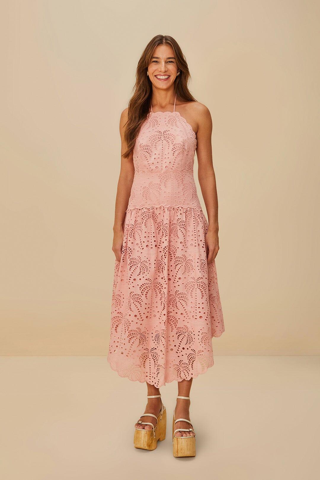 Blush Pink Palm Tree Eyelet Midi Dress Product Image