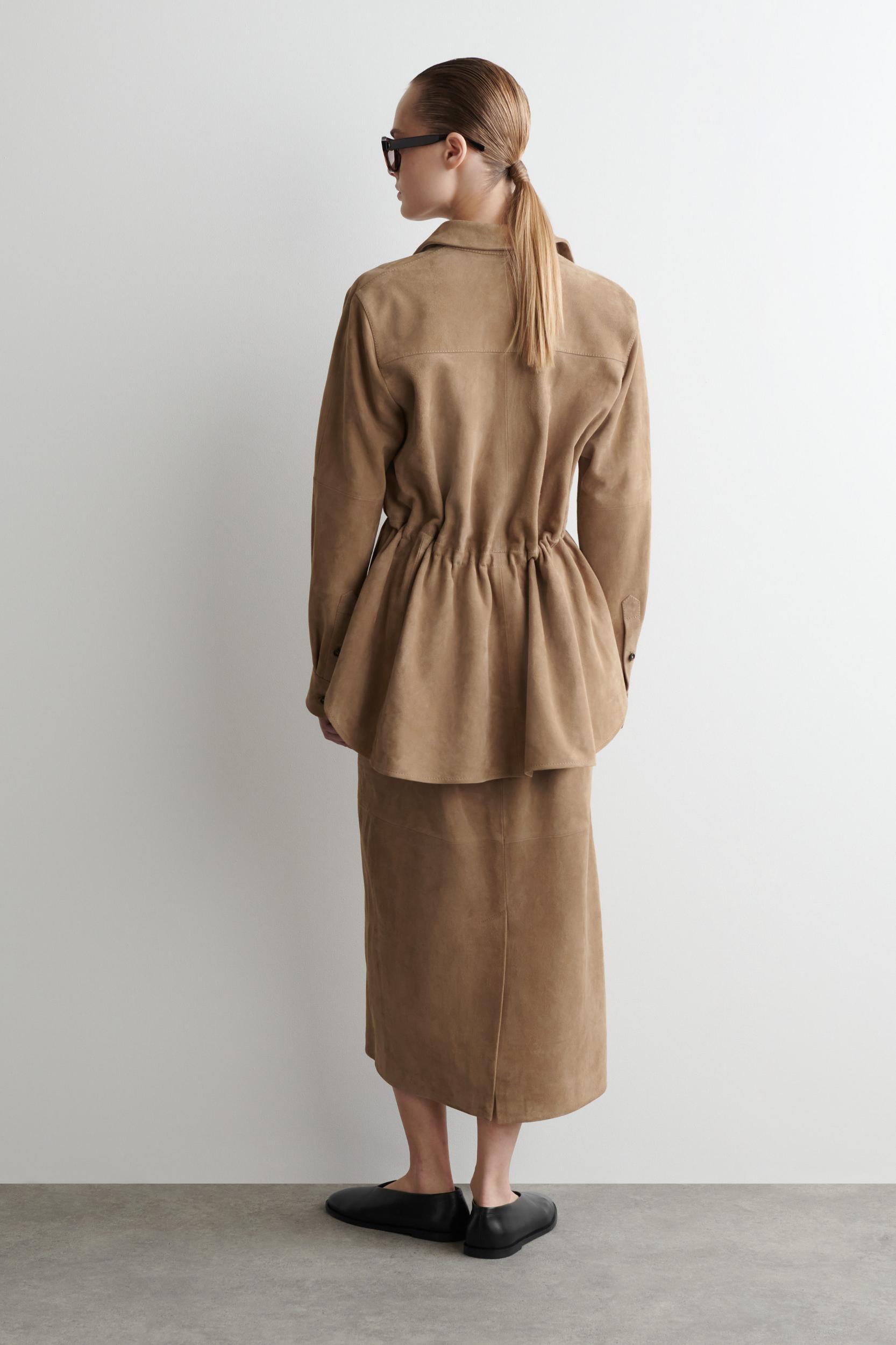 PANELED SUEDE DRAWSTRING MIDI SKIRT Product Image