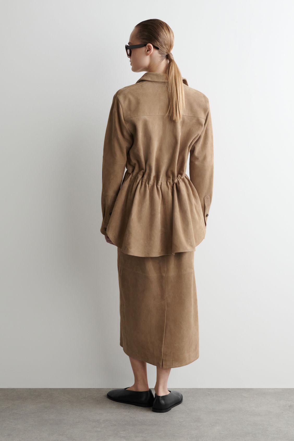 PANELED SUEDE DRAWSTRING MIDI SKIRT Product Image