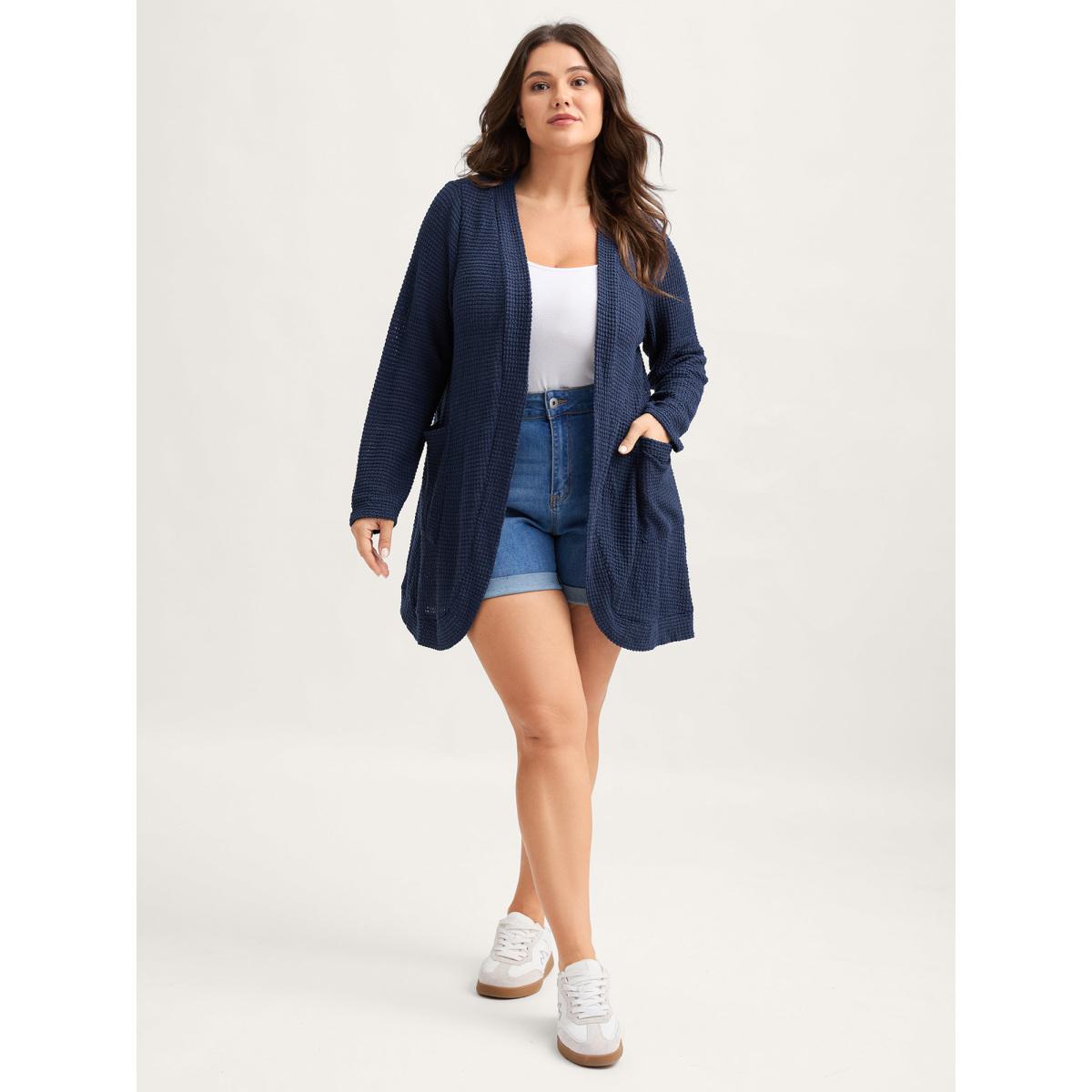 Plus Size Waffle Textured Arc Hem Jacket Women Indigo Texture Patch pocket Casual Jackets BloomChic 22-24/3X Product Image