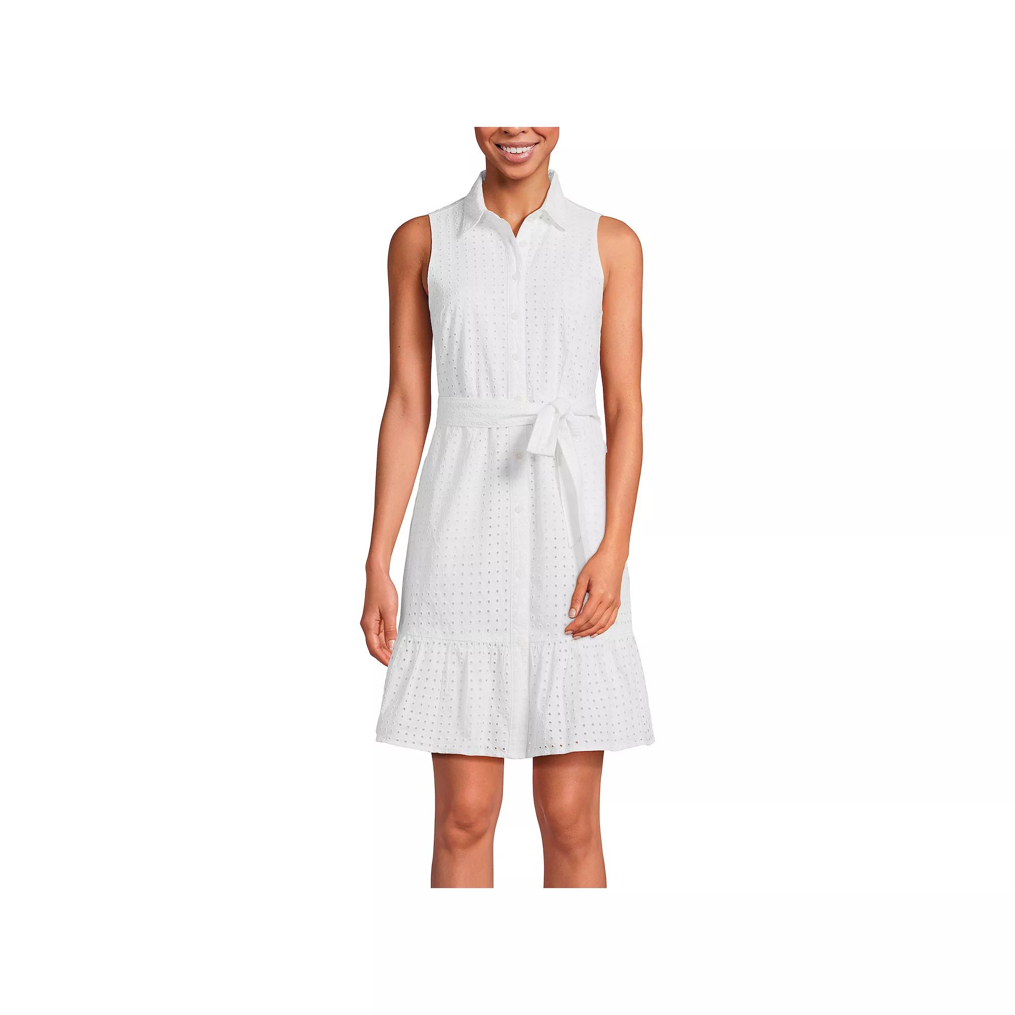 Women's Lands' End Women's Collared Sleeveless Eyelet Tiered Shirt Dress,  Product Image