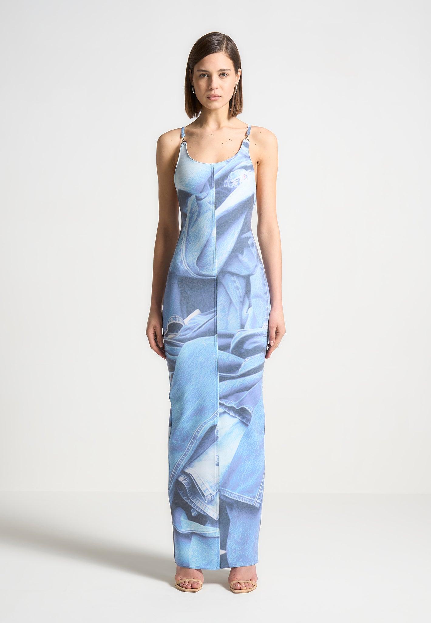Printed Denim Effect Maxi Dress - Blue Female Product Image