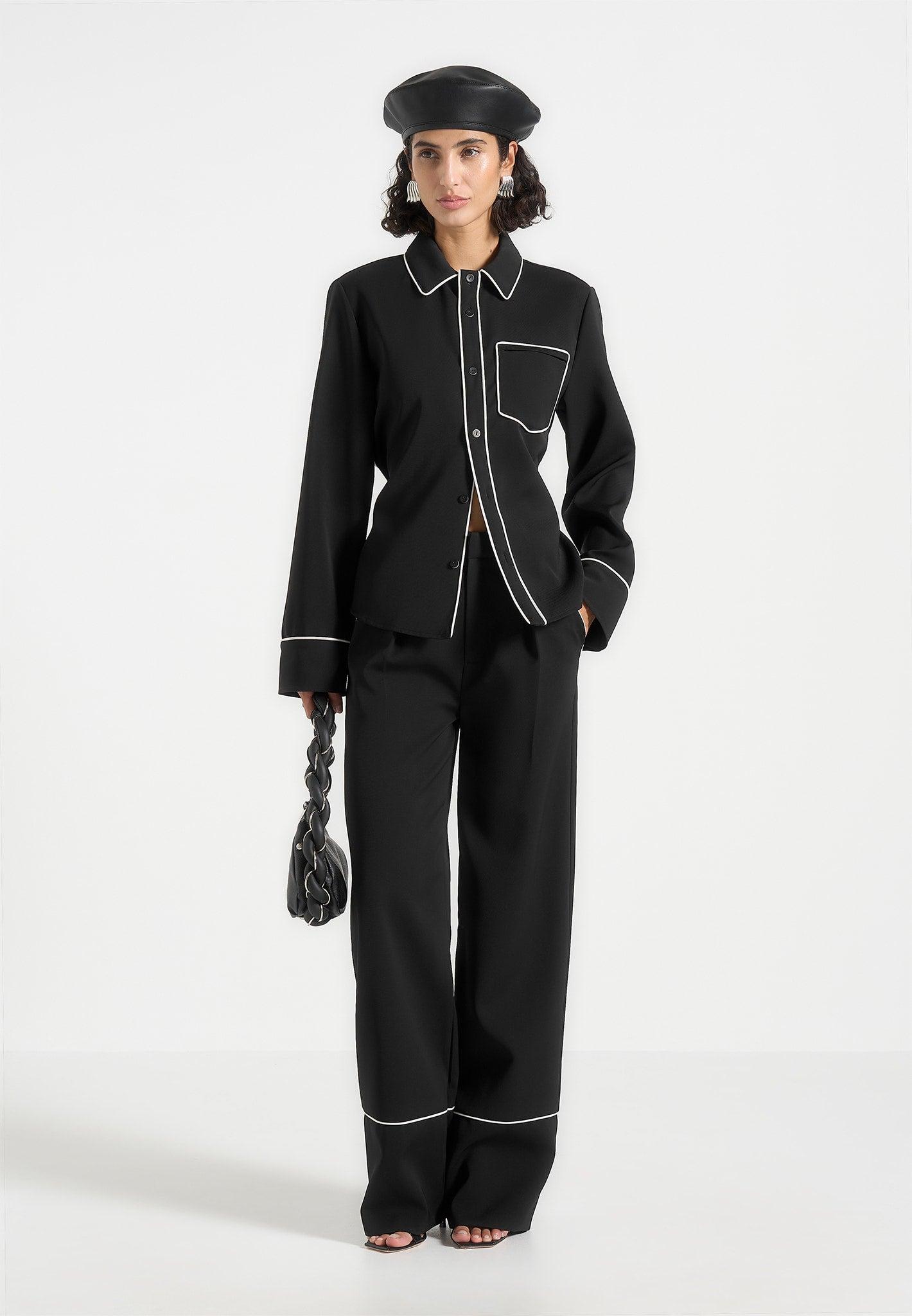 Contrast Piped Backless Tie Shirt - Black/White Female Product Image