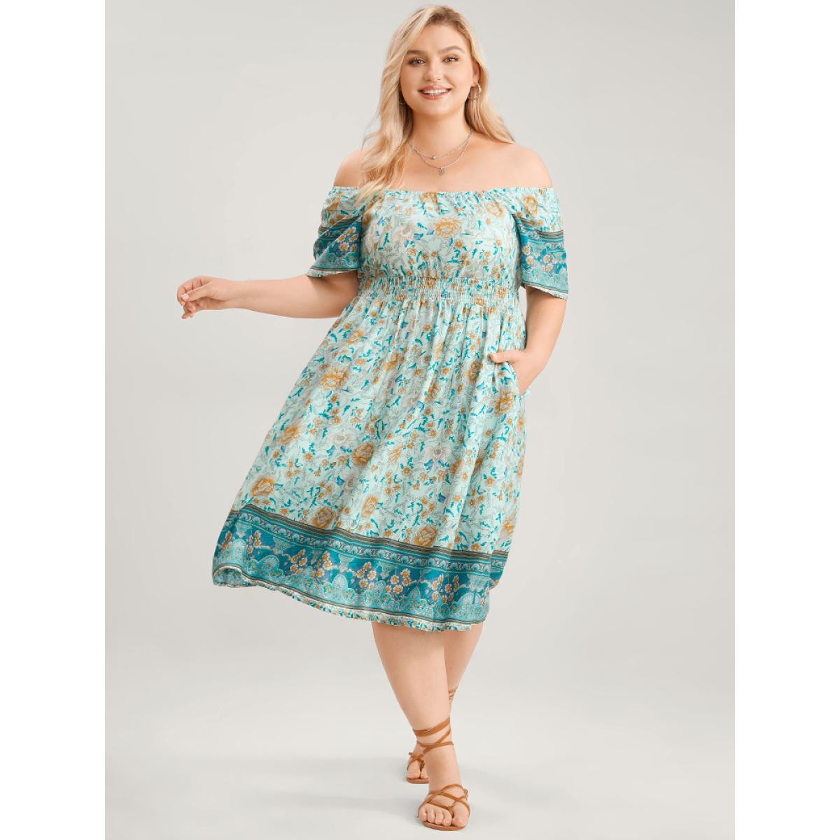 Plus Size Bandana Print Square Neck Pocket Ruffles Shirred Dress Turquoise Women Vacation Pocket Square Neck Short sleeve Curvy Knee Dress BloomChic 28/5X Product Image