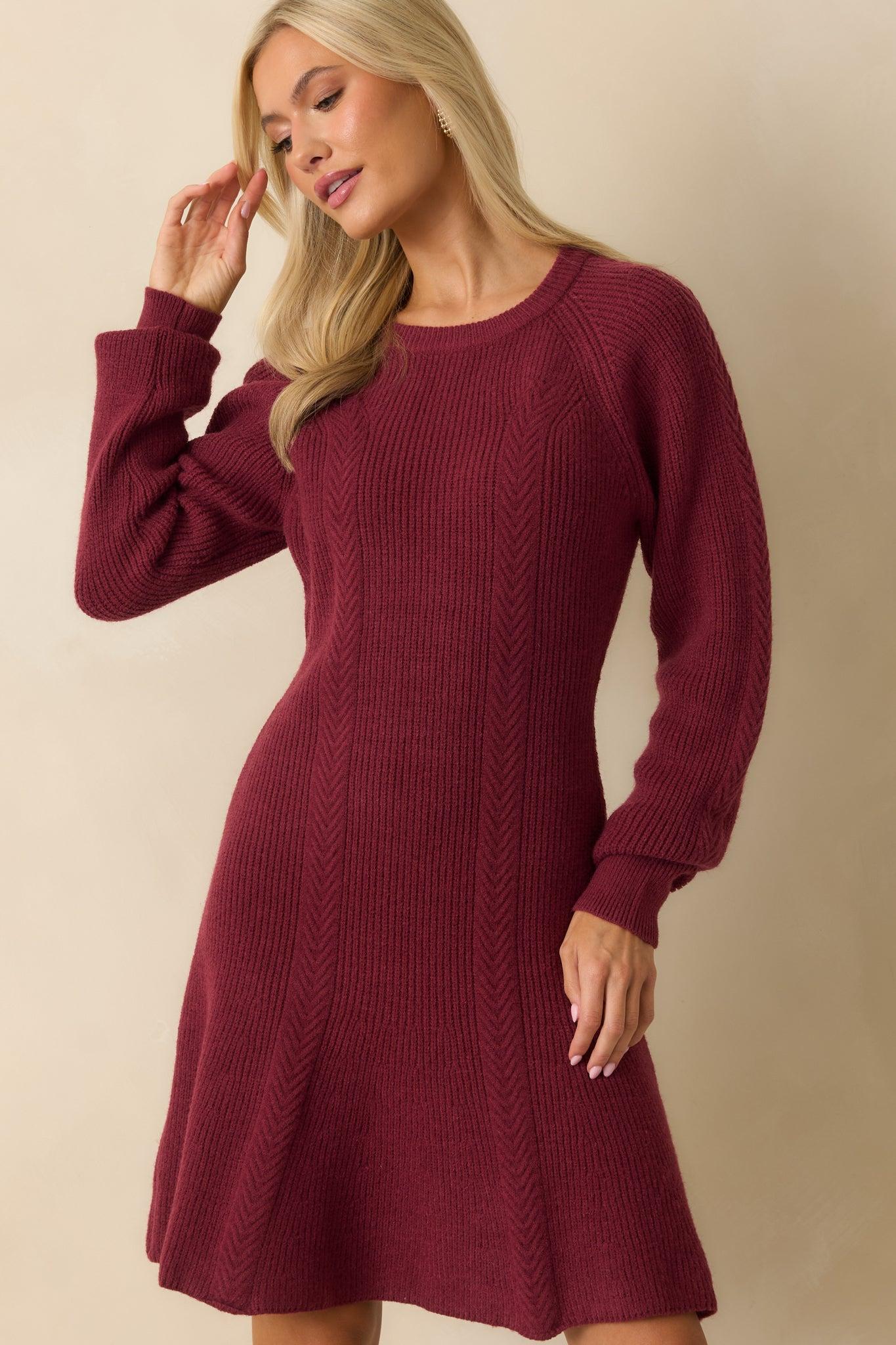 No Better Time Burgundy Ribbed Knit Sweater Mini Dress Product Image