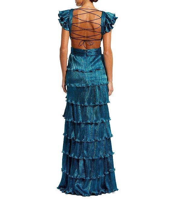 Ieena for Mac Duggal Deep V-Neck Ruffle Shoulder Cap Sleeve Side Cut-Out Tiered Thigh High Slit Gown Product Image