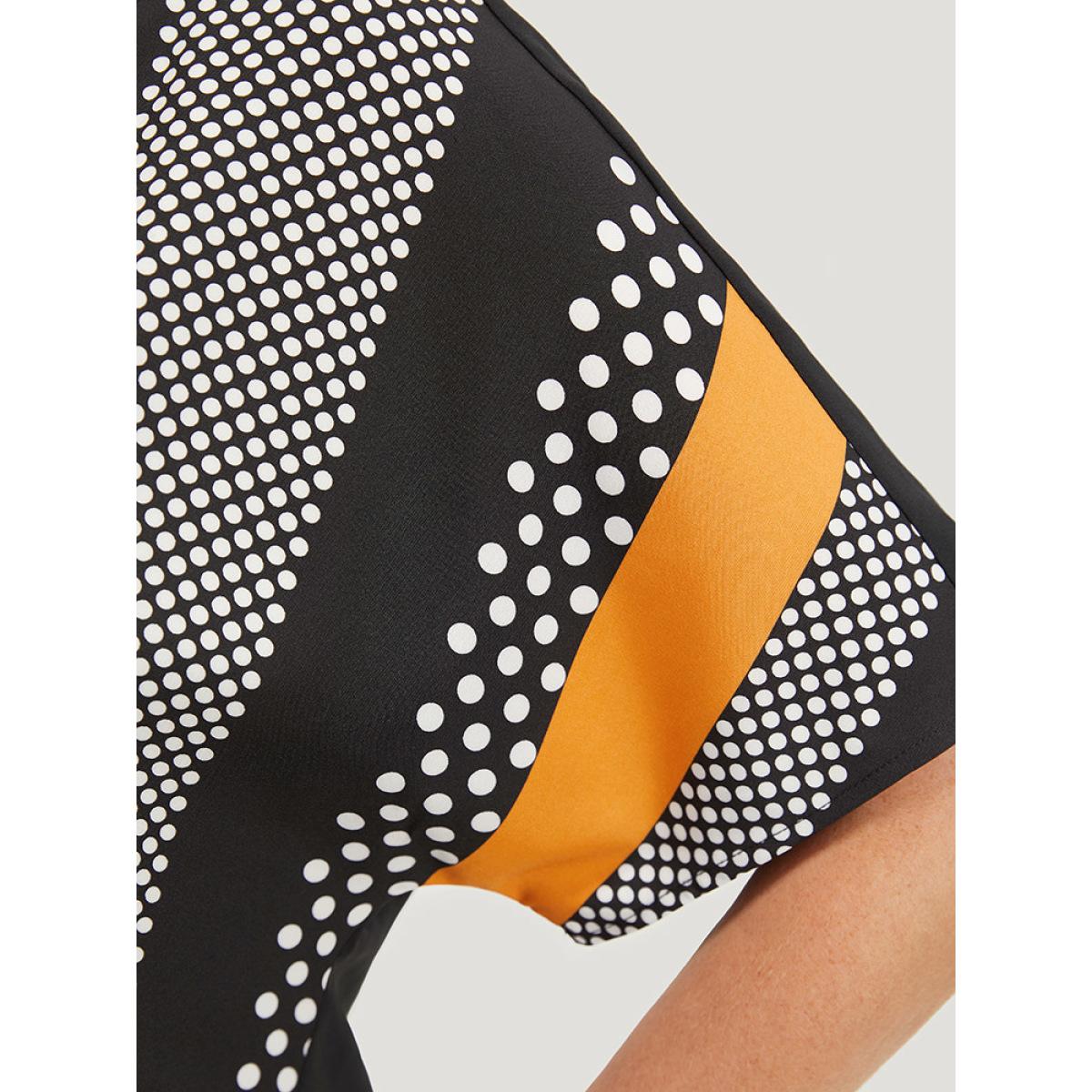 Plus Size Black Contrast Patchwork Notched Arc Hem Blouse Women Elegant Short sleeve Notched collar Dailywear Blouses BloomChic 12/L Product Image