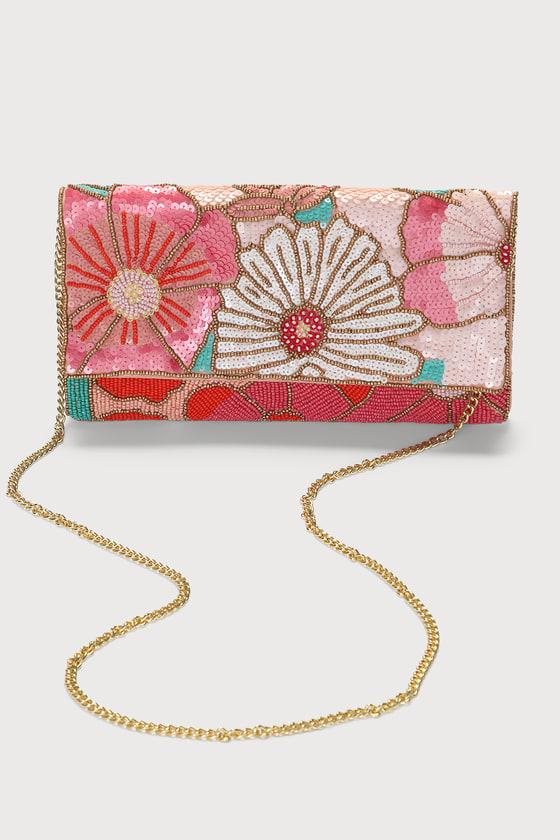 Bead Beautiful Pink Multi Floral Beaded Clutch Product Image