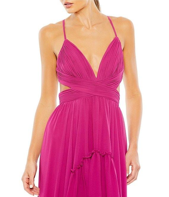 Mac Duggal Deep V-Neck Open Back Ruffle Front Chiffon Sheath Hi-Lo Gown Product Image