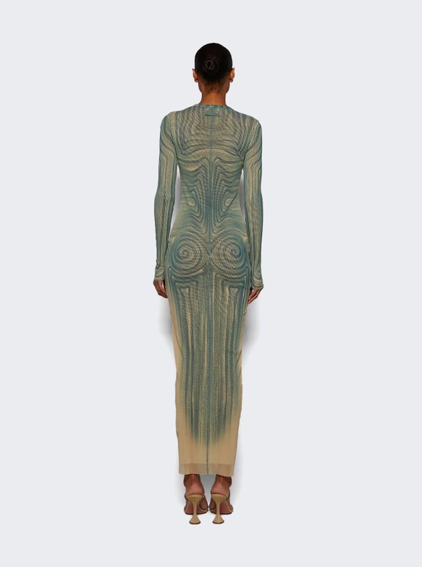 JEAN PAUL GAULTIER Mesh Long Dress With Spiral Print And Ruffles In Beige Product Image