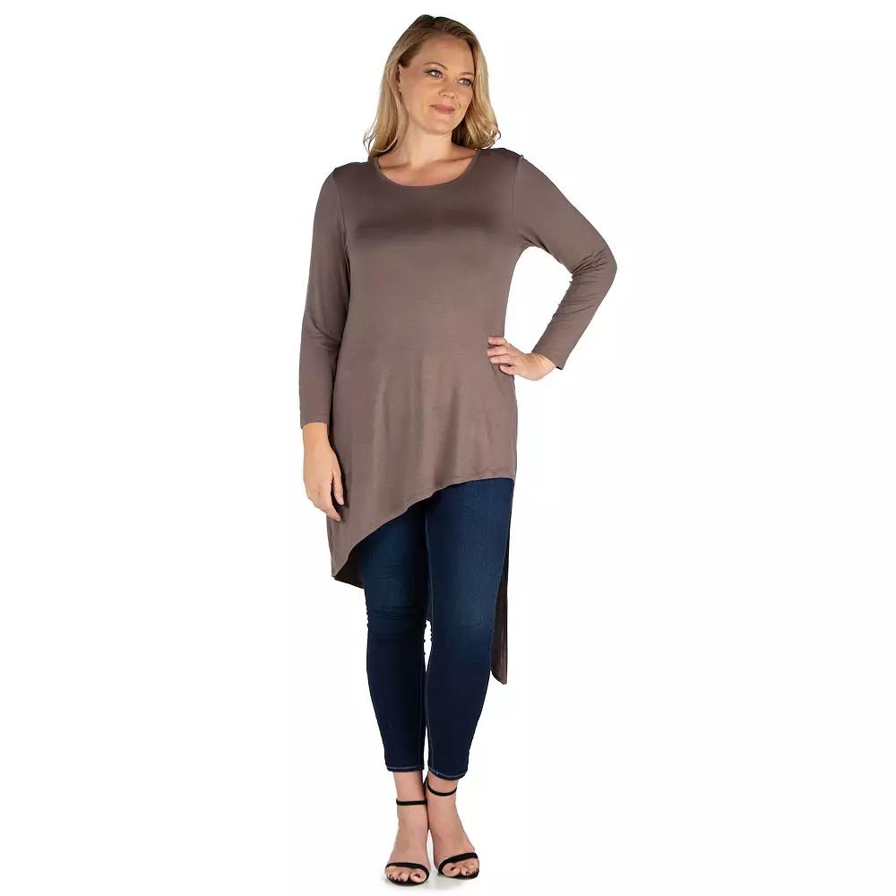 Plus Size 24Seven Comfort Apparel Long Sleeve Knee Length Asymmetrical Tunic Top, Womens Purple Product Image