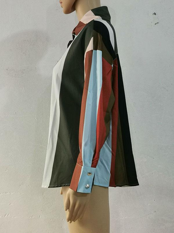 Long Sleeves Loose Contrast Color Printed Lapel Blouses Product Image